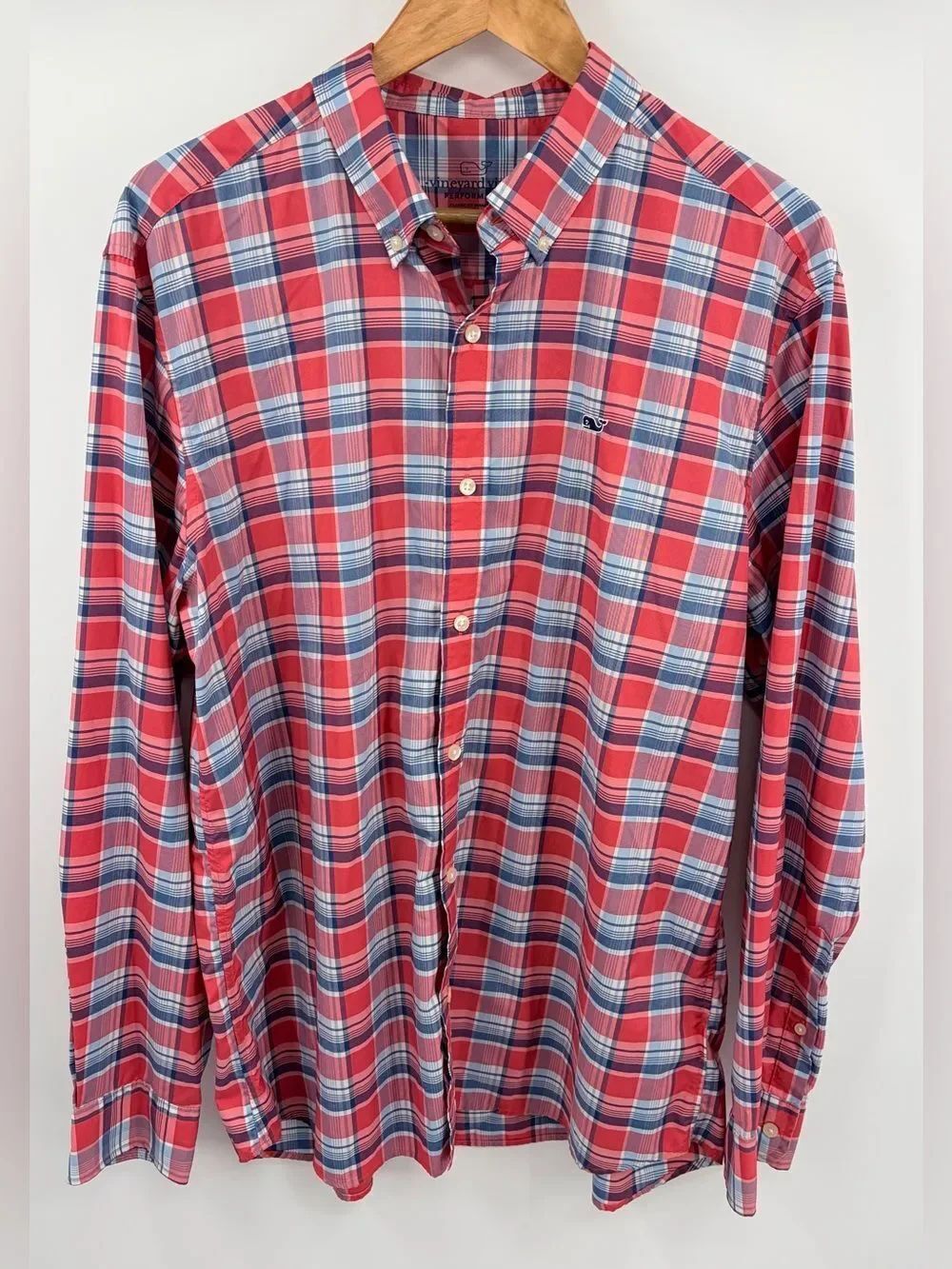 Vineyard Vines performance classic fit whale shirt coral blue plaid mens L